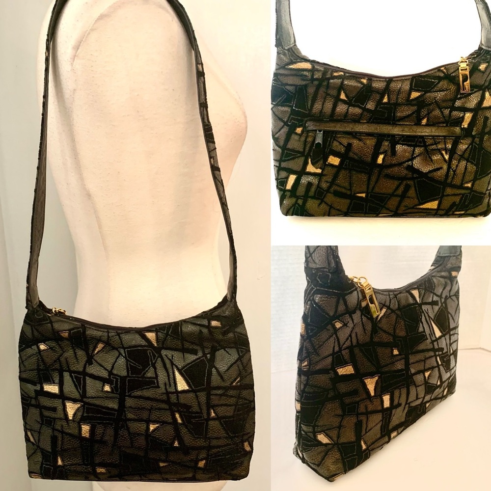 Vintage Pinkie Leather Purse shoulder bag Abstract 1980s Modernist Black Gold